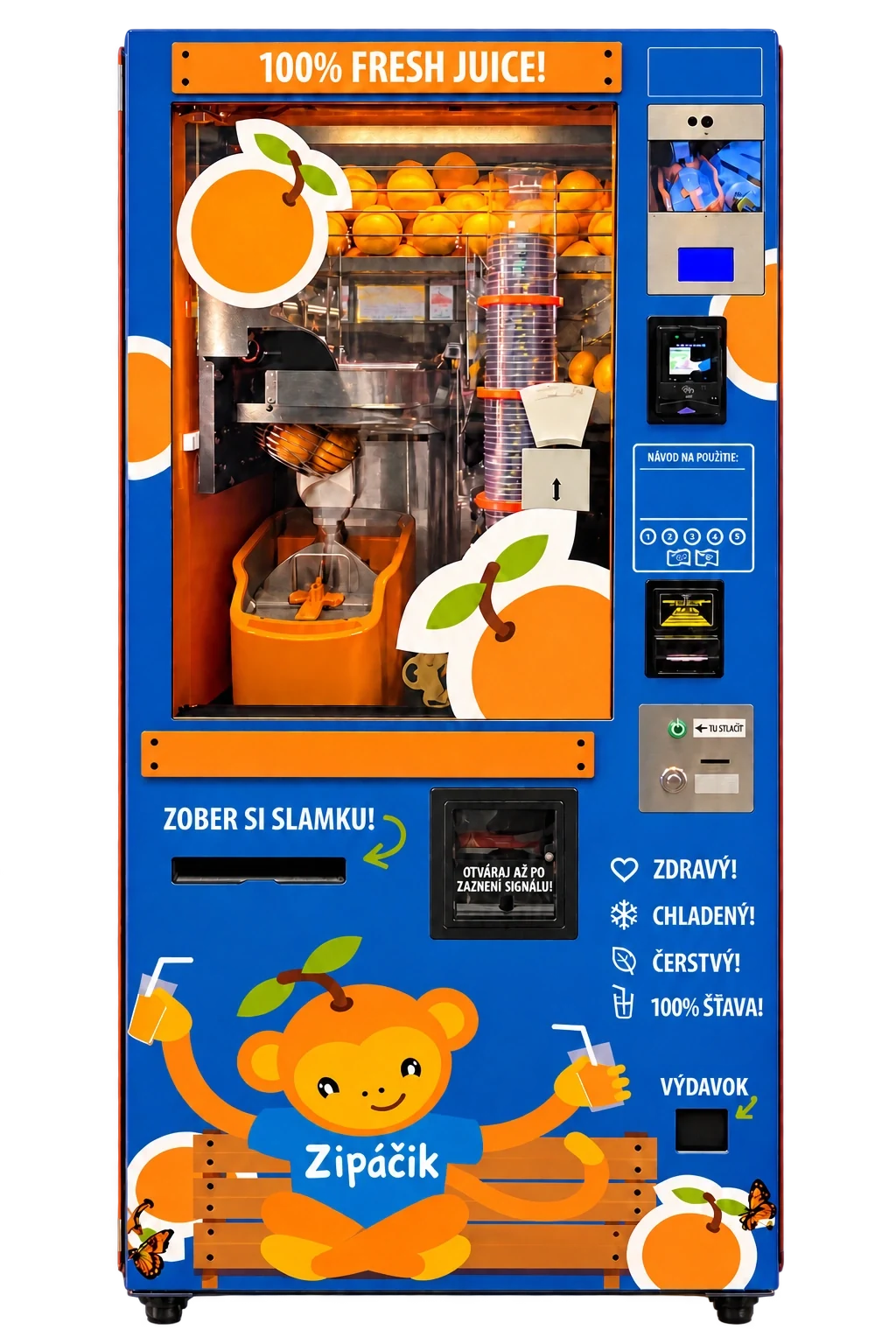 Toto je Zipáčik: modro-oranžový automat na čerstvú pomarančovú šťavu, s pomarančmi za sklom a opičkou v spodnej časti